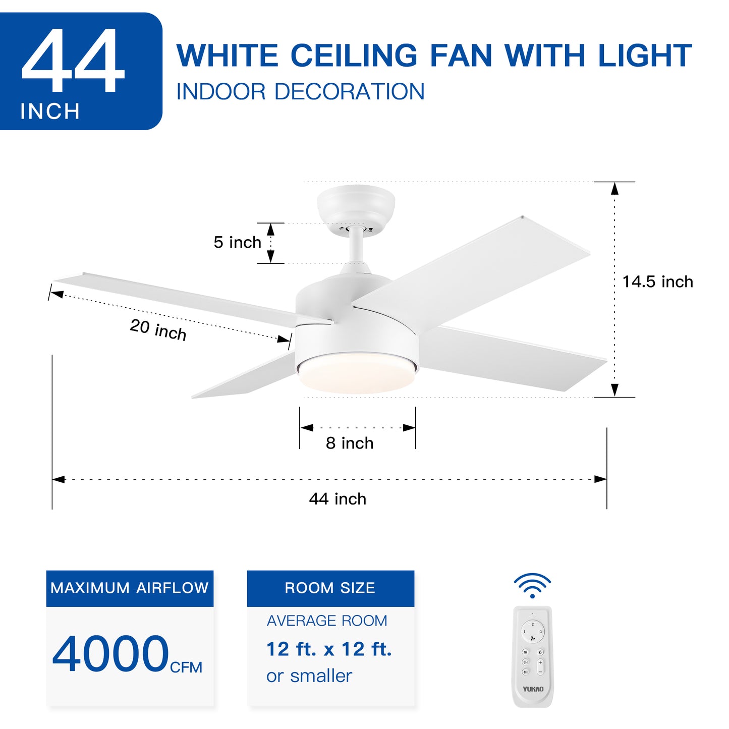 44-Inch Integrated LED Ceiling Fan with White ABS Blades – Modern Design for Home, Living Room, or Bedroom