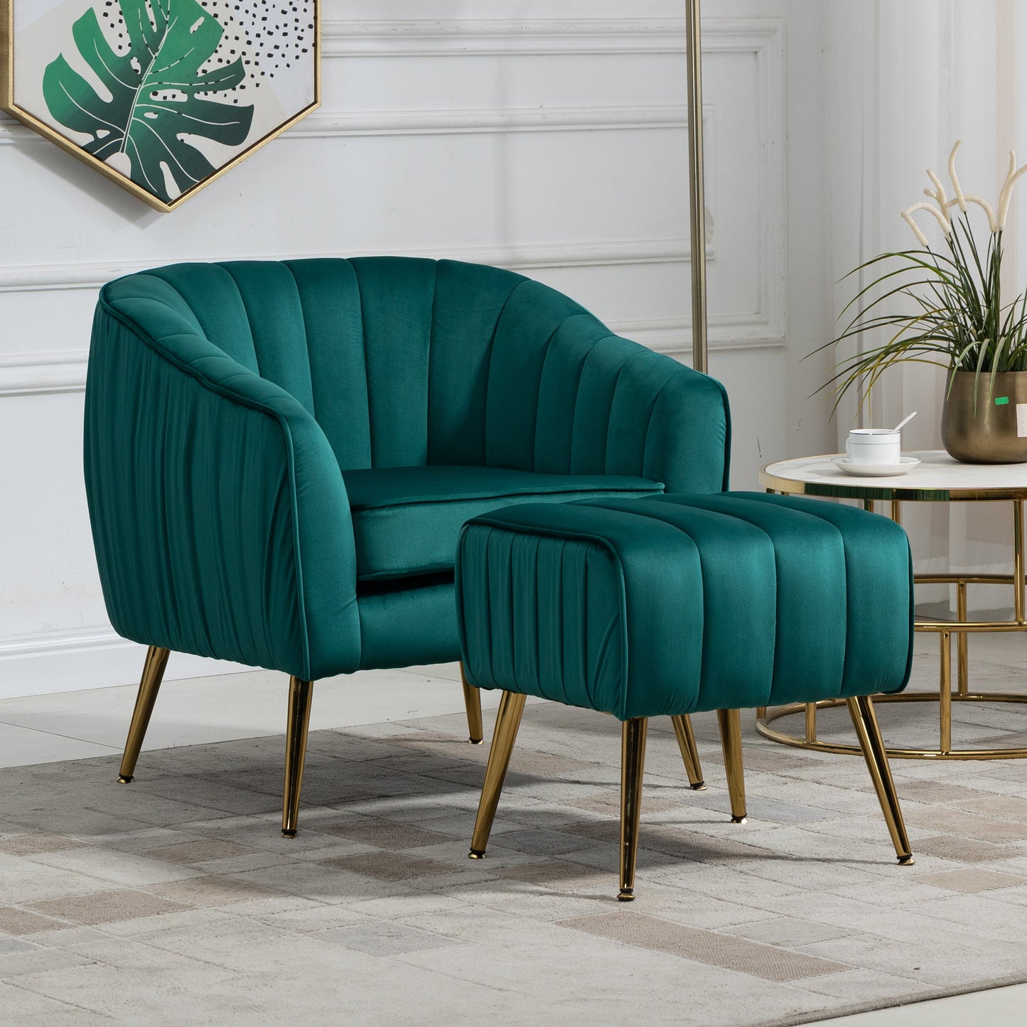 Modern Velvet Accent Chair with Ottoman Set - Tufted Barrel Design for Living Room & Bedroom, Golden Finish, Christmas Green