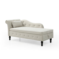60 Velvet Multifunctional Storage Chaise Lounge, Buttons Tufted, Nailhead Trim, Solid Wood Legs, 1 Pillow, Beige