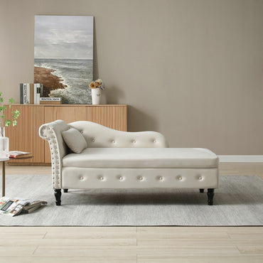 60 Velvet Multifunctional Storage Chaise Lounge, Buttons Tufted, Nailhead Trim, Solid Wood Legs, 1 Pillow, Beige