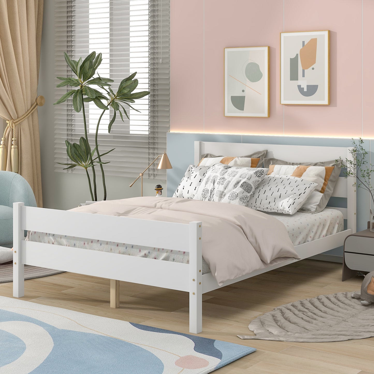 Full Bed with Headboard and Footboard, Elegant White Finish, Sturdy Wooden Frame, Modern Design for Bedroom Décor