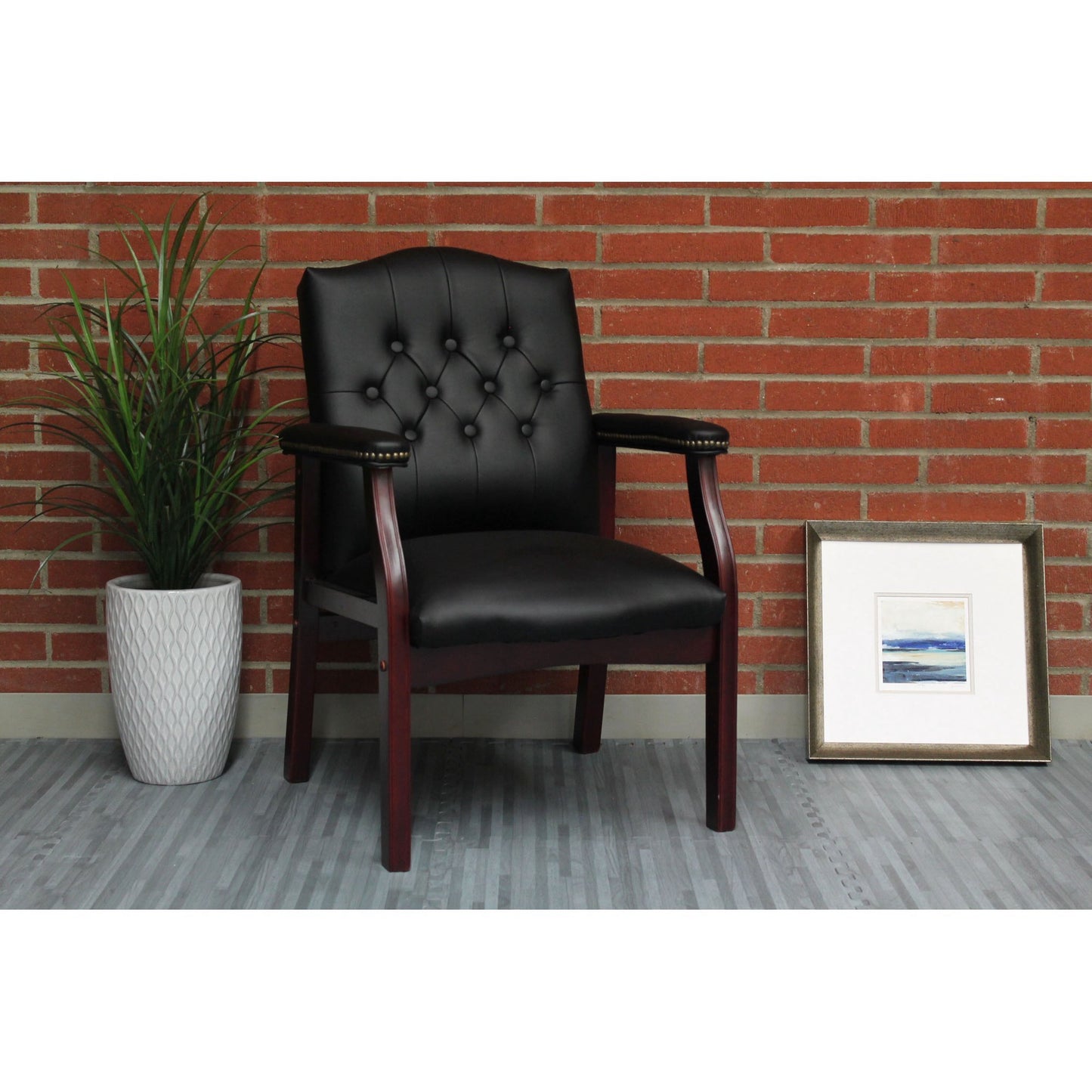 Leather Reception Guest Chairs with Padded Seat and Arms, Ergonomic Mid-Back Office Executive Side Chair for Meeting, Black