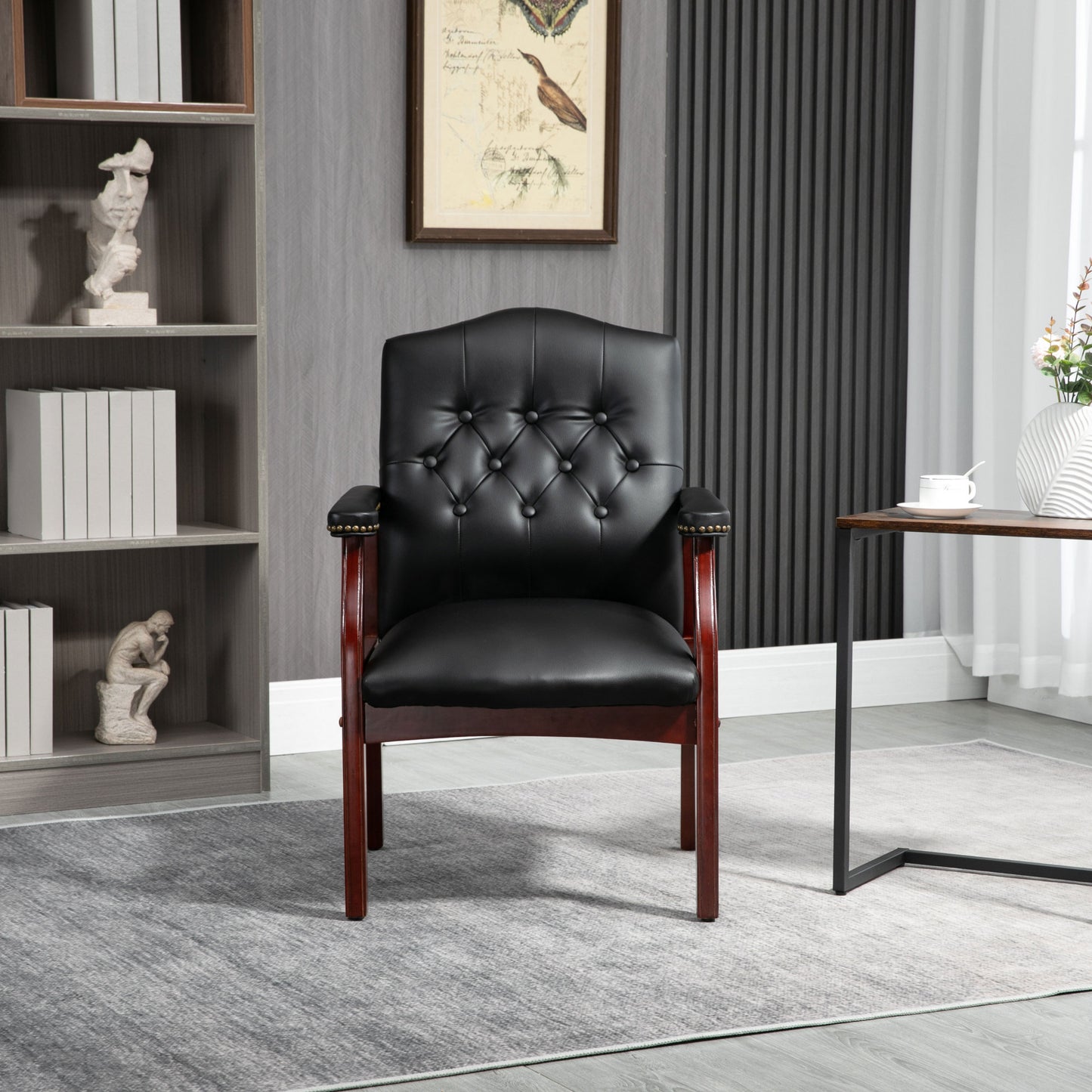 Leather Reception Guest Chairs with Padded Seat and Arms, Ergonomic Mid-Back Office Executive Side Chair for Meeting, Black