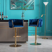 Set of 2 Bar Stools, Swivel Height Adjustable, Velvet with Chrome Footrest, Gold Legs, Modern Simple Design, Navy Blue