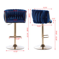 Set of 2 Bar Stools, Swivel Height Adjustable, Velvet with Chrome Footrest, Gold Legs, Modern Simple Design, Navy Blue