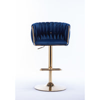 Set of 2 Bar Stools, Swivel Height Adjustable, Velvet with Chrome Footrest, Gold Legs, Modern Simple Design, Navy Blue