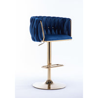 Set of 2 Bar Stools, Swivel Height Adjustable, Velvet with Chrome Footrest, Gold Legs, Modern Simple Design, Navy Blue