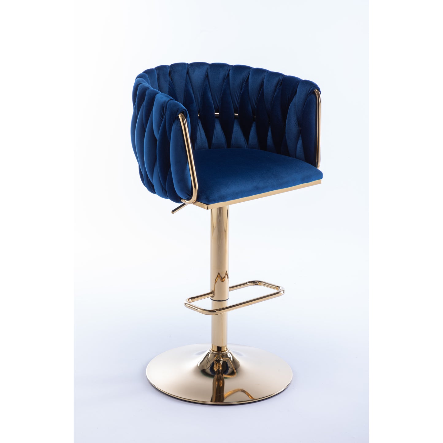 Set of 2 Bar Stools, Swivel Height Adjustable, Velvet with Chrome Footrest, Gold Legs, Modern Simple Design, Navy Blue