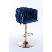 Set of 2 Bar Stools, Swivel Height Adjustable, Velvet with Chrome Footrest, Gold Legs, Modern Simple Design, Navy Blue