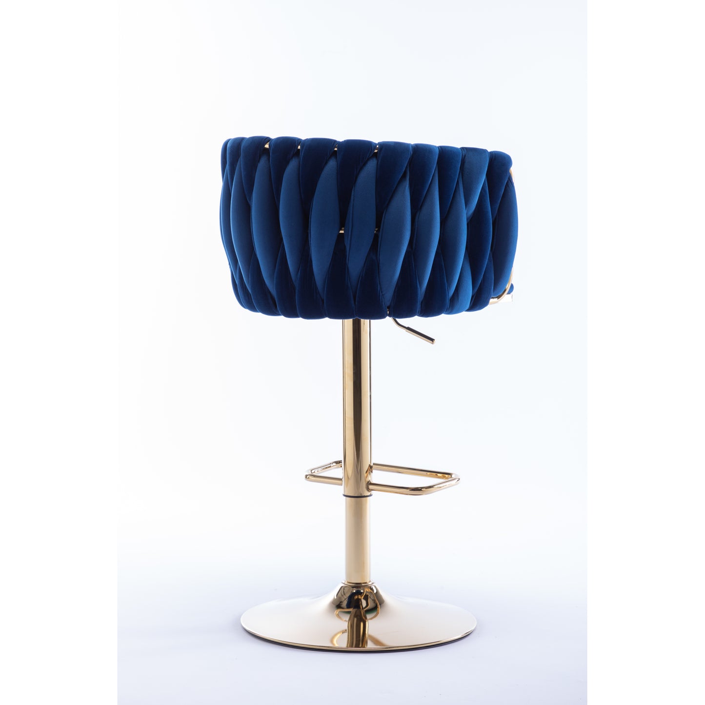 Set of 2 Bar Stools, Swivel Height Adjustable, Velvet with Chrome Footrest, Gold Legs, Modern Simple Design, Navy Blue