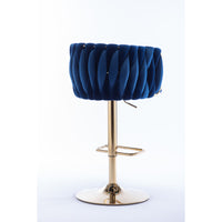 Set of 2 Bar Stools, Swivel Height Adjustable, Velvet with Chrome Footrest, Gold Legs, Modern Simple Design, Navy Blue