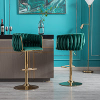 Set of 2 Swivel Bar Stools, Height Adjustable with Chrome Footrest, Velvet Upholstery, Golden Legs, Modern Design - Green