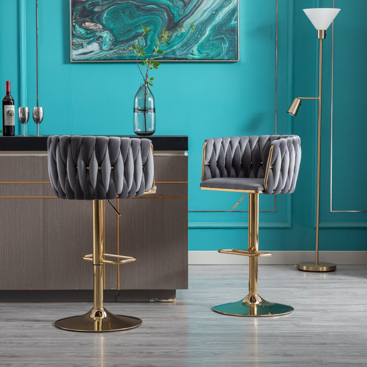 Set of 2 Adjustable Bar Stools with Swivel Function, Chrome Footrest, Velvet Upholstery, and Golden Legs - Stylish Grey Design