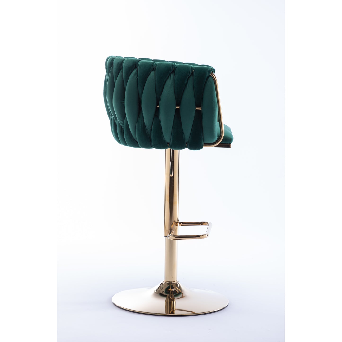 Set of 2 Swivel Bar Stools, Height Adjustable with Chrome Footrest, Velvet Upholstery, Golden Legs, Modern Design - Green