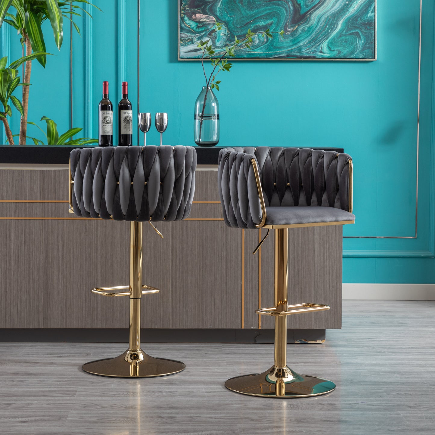 Set of 2 Adjustable Bar Stools with Swivel Function, Chrome Footrest, Velvet Upholstery, and Golden Legs - Stylish Grey Design