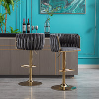 Set of 2 Adjustable Bar Stools with Swivel Function, Chrome Footrest, Velvet Upholstery, and Golden Legs - Stylish Grey Design