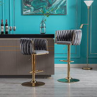 Set of 2 Adjustable Bar Stools with Swivel Function, Chrome Footrest, Velvet Upholstery, and Golden Legs - Stylish Grey Design