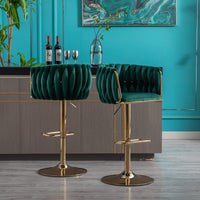 Set of 2 Swivel Bar Stools, Height Adjustable with Chrome Footrest, Velvet Upholstery, Golden Legs, Modern Design - Green