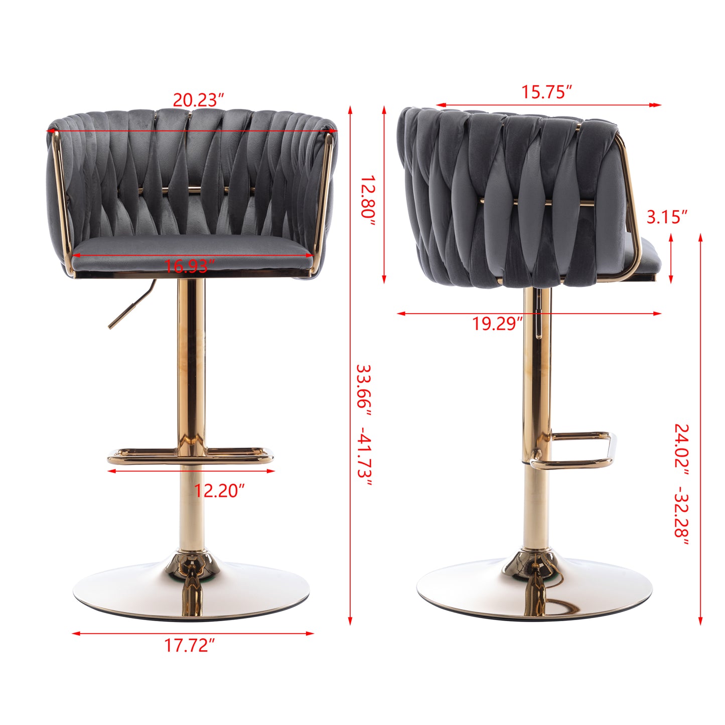 Set of 2 Adjustable Bar Stools with Swivel Function, Chrome Footrest, Velvet Upholstery, and Golden Legs - Stylish Grey Design