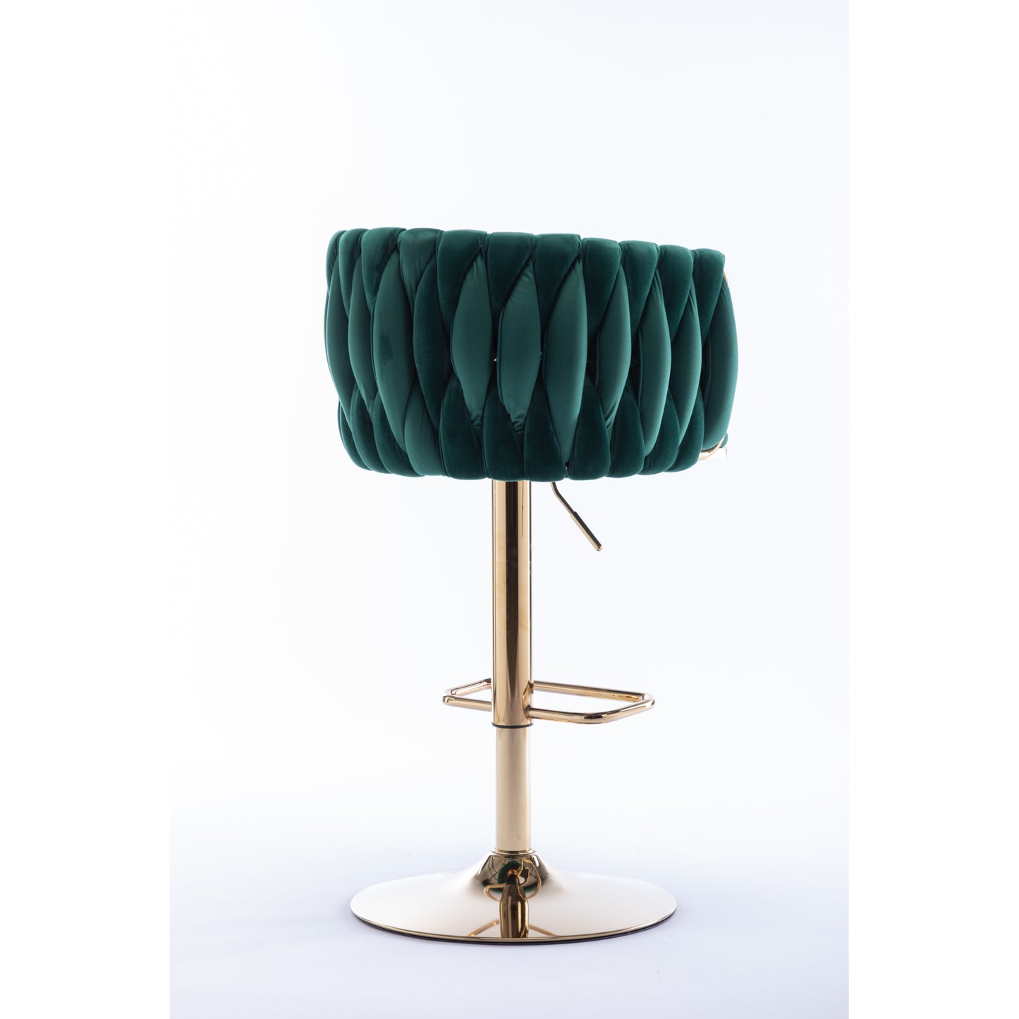 Set of 2 Swivel Bar Stools, Height Adjustable with Chrome Footrest, Velvet Upholstery, Golden Legs, Modern Design - Green