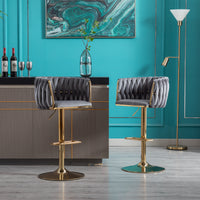 Set of 2 Adjustable Bar Stools with Swivel Function, Chrome Footrest, Velvet Upholstery, and Golden Legs - Stylish Grey Design