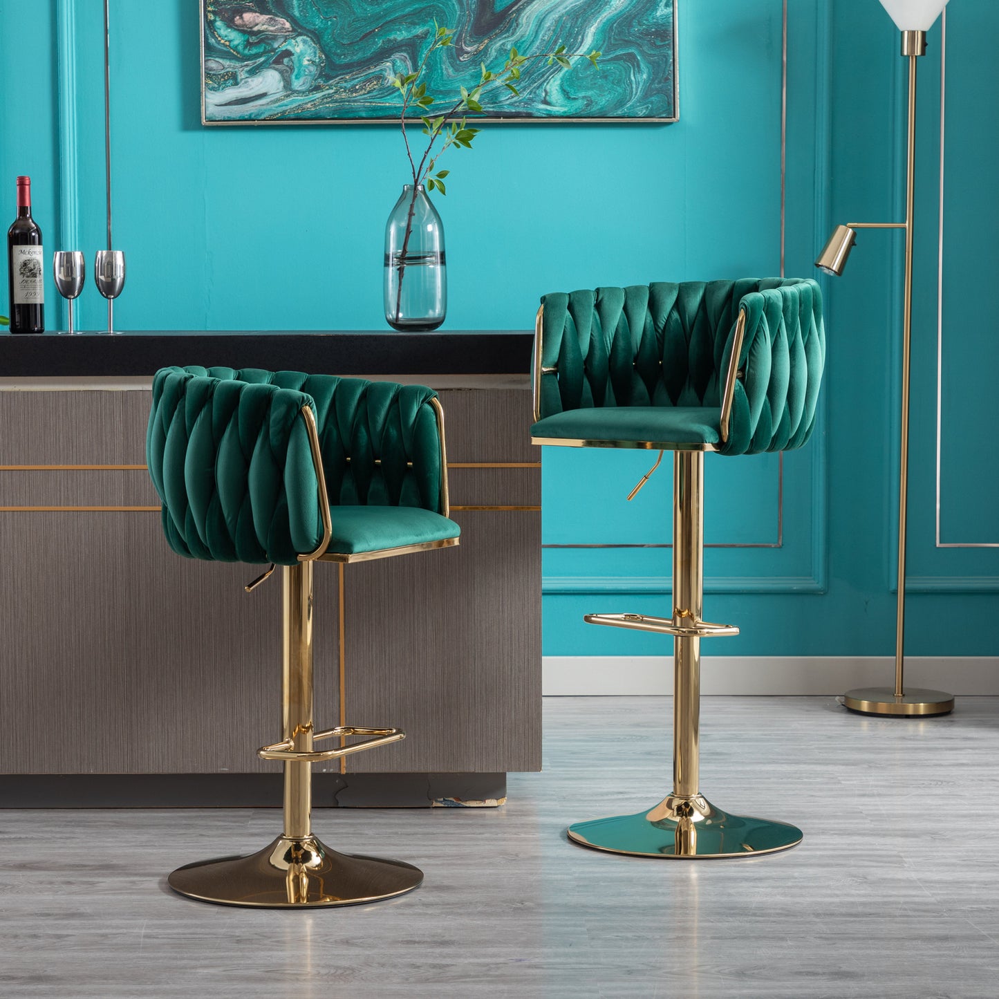 Set of 2 Swivel Bar Stools, Height Adjustable with Chrome Footrest, Velvet Upholstery, Golden Legs, Modern Design - Green