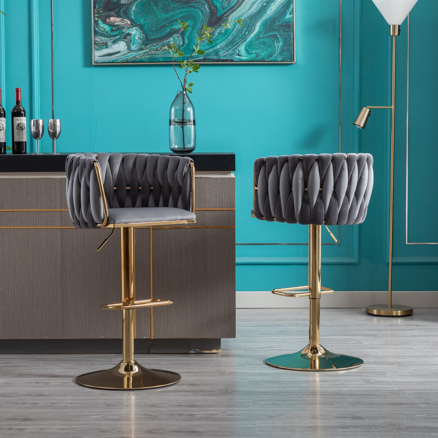 Set of 2 Adjustable Bar Stools with Swivel Function, Chrome Footrest, Velvet Upholstery, and Golden Legs - Stylish Grey Design