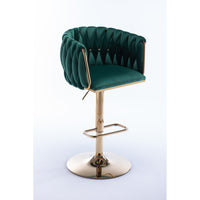 Set of 2 Swivel Bar Stools, Height Adjustable with Chrome Footrest, Velvet Upholstery, Golden Legs, Modern Design - Green