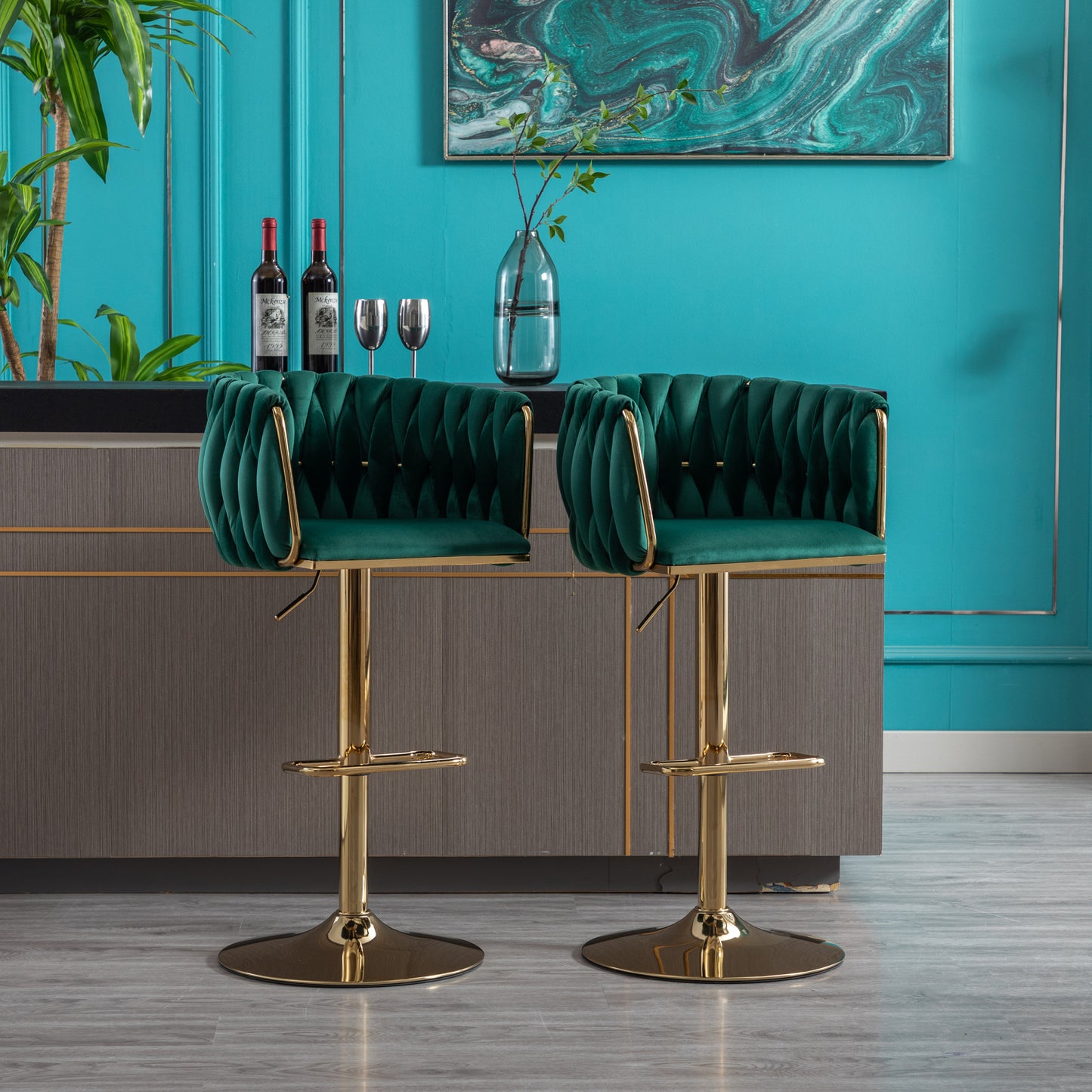 Set of 2 Swivel Bar Stools, Height Adjustable with Chrome Footrest, Velvet Upholstery, Golden Legs, Modern Design - Green