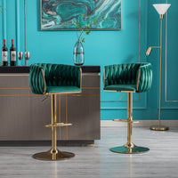 Set of 2 Swivel Bar Stools, Height Adjustable with Chrome Footrest, Velvet Upholstery, Golden Legs, Modern Design - Green