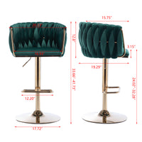 Set of 2 Swivel Bar Stools, Height Adjustable with Chrome Footrest, Velvet Upholstery, Golden Legs, Modern Design - Green