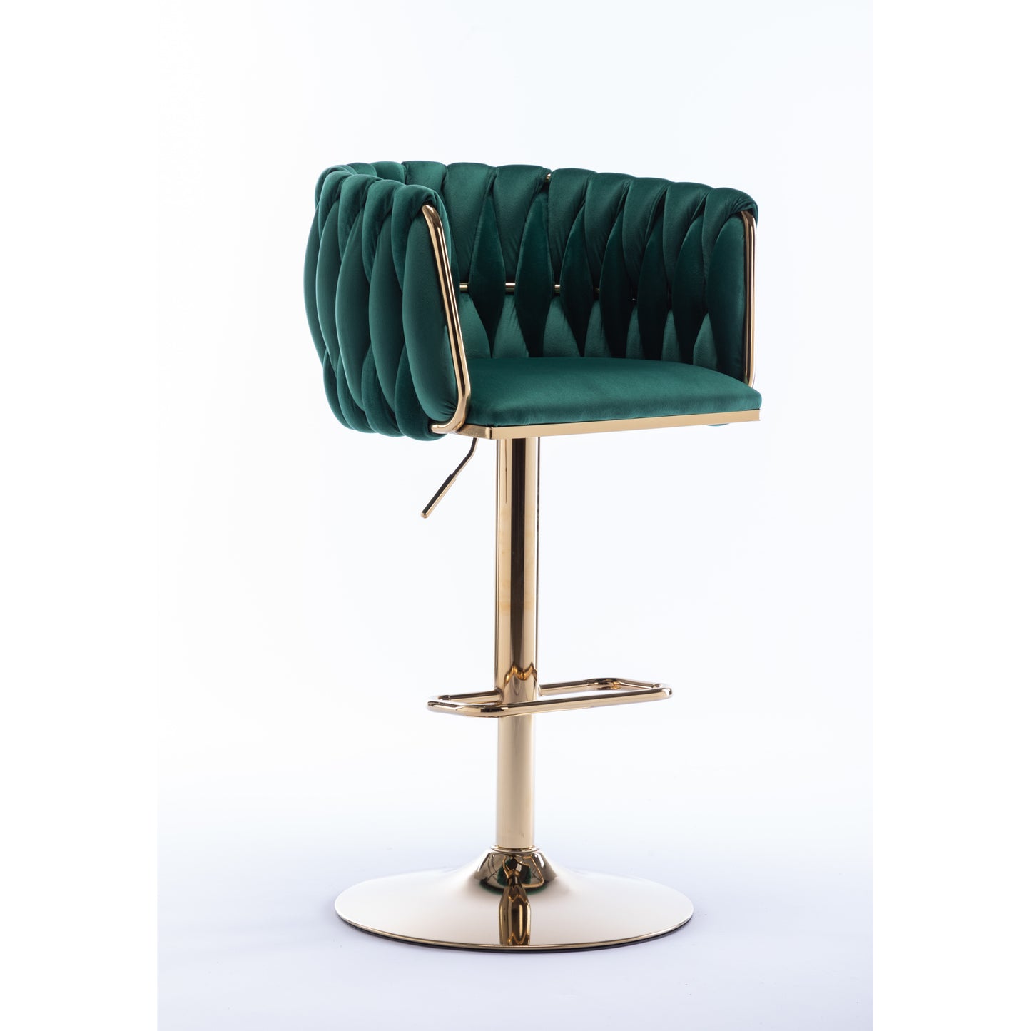 Set of 2 Swivel Bar Stools, Height Adjustable with Chrome Footrest, Velvet Upholstery, Golden Legs, Modern Design - Green