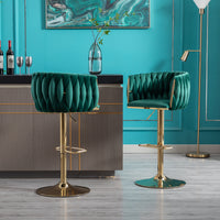 Set of 2 Swivel Bar Stools, Height Adjustable with Chrome Footrest, Velvet Upholstery, Golden Legs, Modern Design - Green