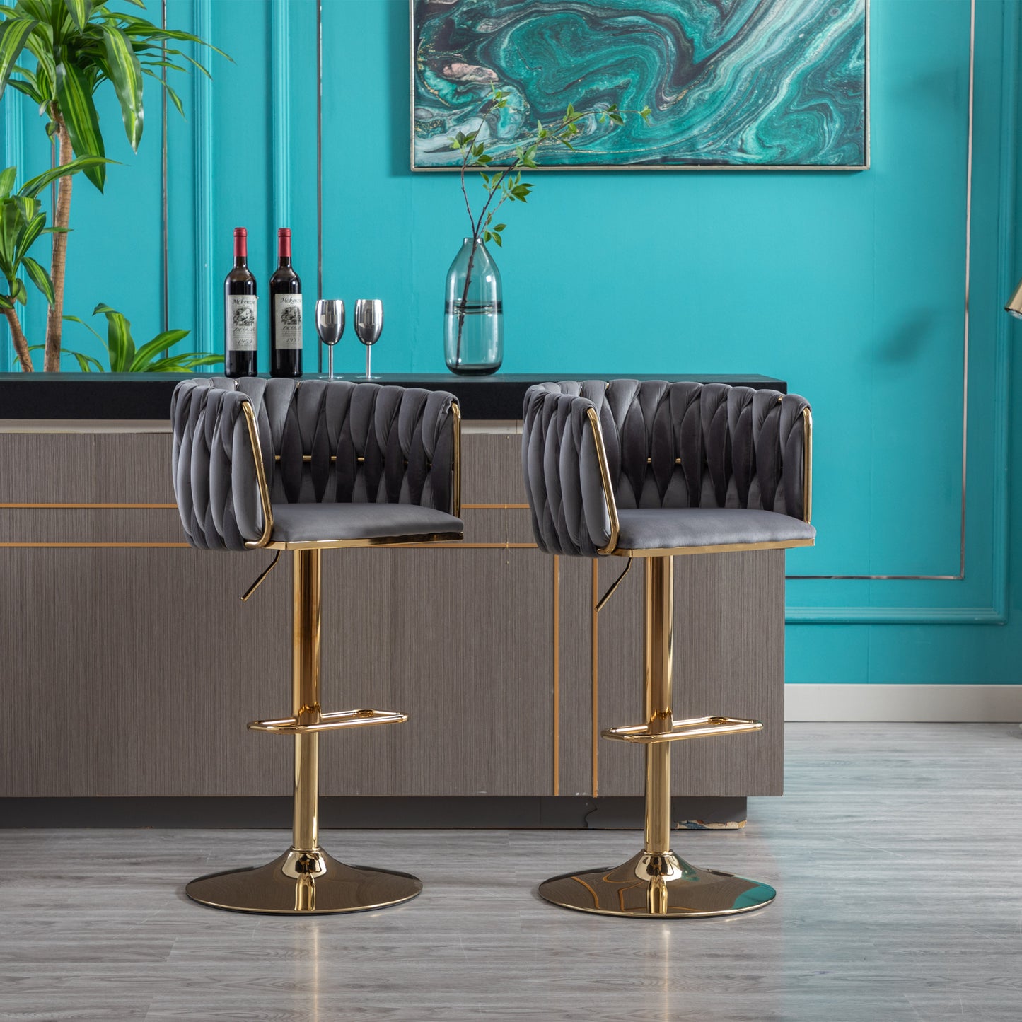 Set of 2 Adjustable Bar Stools with Swivel Function, Chrome Footrest, Velvet Upholstery, and Golden Legs - Stylish Grey Design