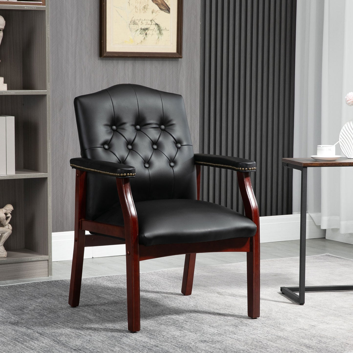 Leather Reception Guest Chairs with Padded Seat and Arms, Ergonomic Mid-Back Office Executive Side Chair for Meeting, Black