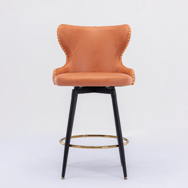 Counter Height 25 Modern Leathaire Bar Chairs, 180° Swivel Stool with Tufted Gold Nailhead Trim, Metal Legs, Set of 2 - Orange