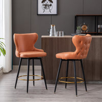 Counter Height 25 Modern Leathaire Bar Chairs, 180° Swivel Stool with Tufted Gold Nailhead Trim, Metal Legs, Set of 2 - Orange