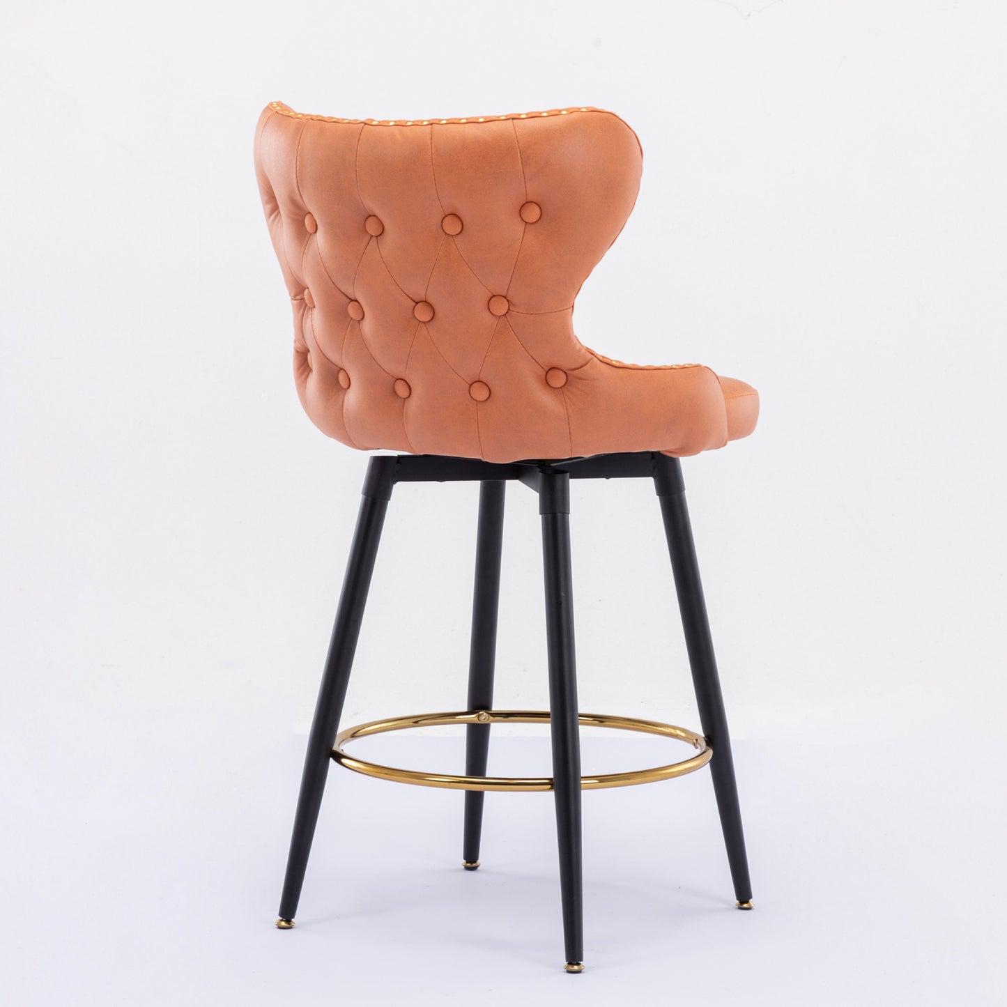 Counter Height 25 Modern Leathaire Bar Chairs, 180° Swivel Stool with Tufted Gold Nailhead Trim, Metal Legs, Set of 2 - Orange