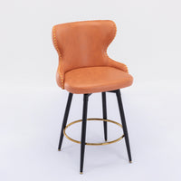 Counter Height 25 Modern Leathaire Bar Chairs, 180° Swivel Stool with Tufted Gold Nailhead Trim, Metal Legs, Set of 2 - Orange