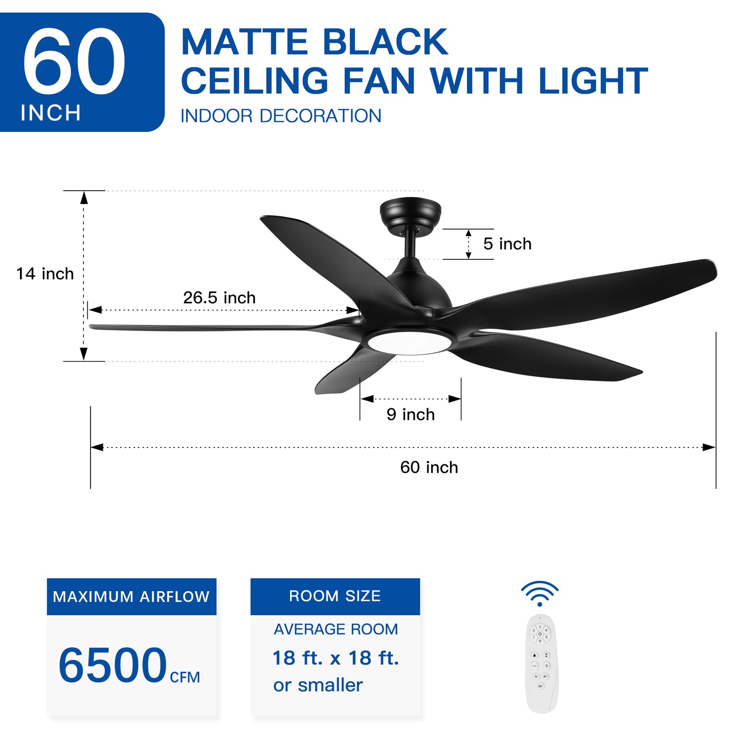 60 Integrated LED Ceiling Fan with Black ABS Blades - Modern Ceiling Light Fixture with Remote Lighting and Air Circulation