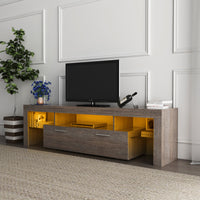 Modern TV Stand with LED Light Belt, Media Console for Living Room/Bedroom, Toughened Glass Shelf & Metal Handle, Brown Entertainment Center