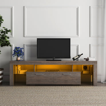 Modern TV Stand with LED Light Belt, Media Console for Living Room/Bedroom, Toughened Glass Shelf & Metal Handle, Brown Entertainment Center