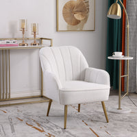 Modern Soft White Teddy Fabric Accent Chair - Ergonomic Living Room & Bedroom Chair with Gold Adjustable Legs - Ivory