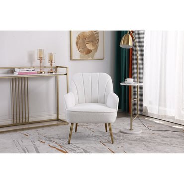 Modern Soft White Teddy Fabric Accent Chair - Ergonomic Living Room & Bedroom Chair with Gold Adjustable Legs - Ivory