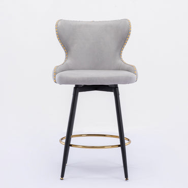 Modern 25 Counter Height Swivel Bar Stool Chairs, Tufted Gold Nailhead Trim, Leathaire Fabric, Metal Legs, Set of 2 - Light Gray