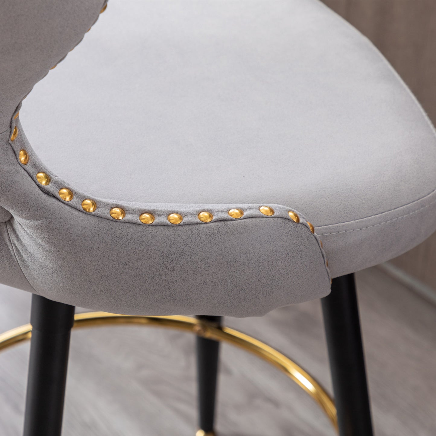 Modern 25 Counter Height Swivel Bar Stool Chairs, Tufted Gold Nailhead Trim, Leathaire Fabric, Metal Legs, Set of 2 - Light Gray