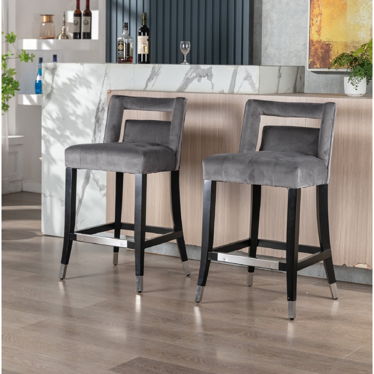 Suede Velvet Barstool Dining Room Chair Set - 2 Pcs, 26 Inch Seat Height, Nailhead Trim, Stylish & Comfortable Modern Seating