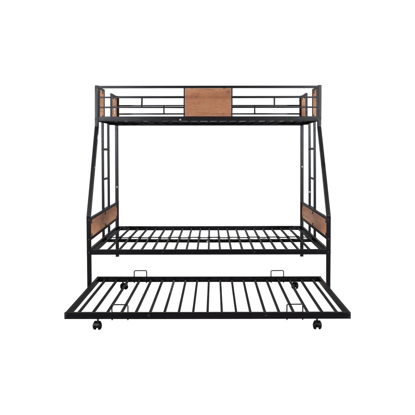 Sturdy Twin Over Full Bunk Bed with Trundle and Guardrail Space-Saving Design for Three with Wooden Accents