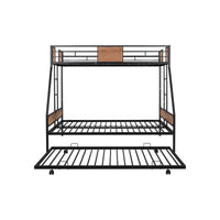 Sturdy Twin Over Full Bunk Bed with Trundle and Guardrail Space-Saving Design for Three with Wooden Accents