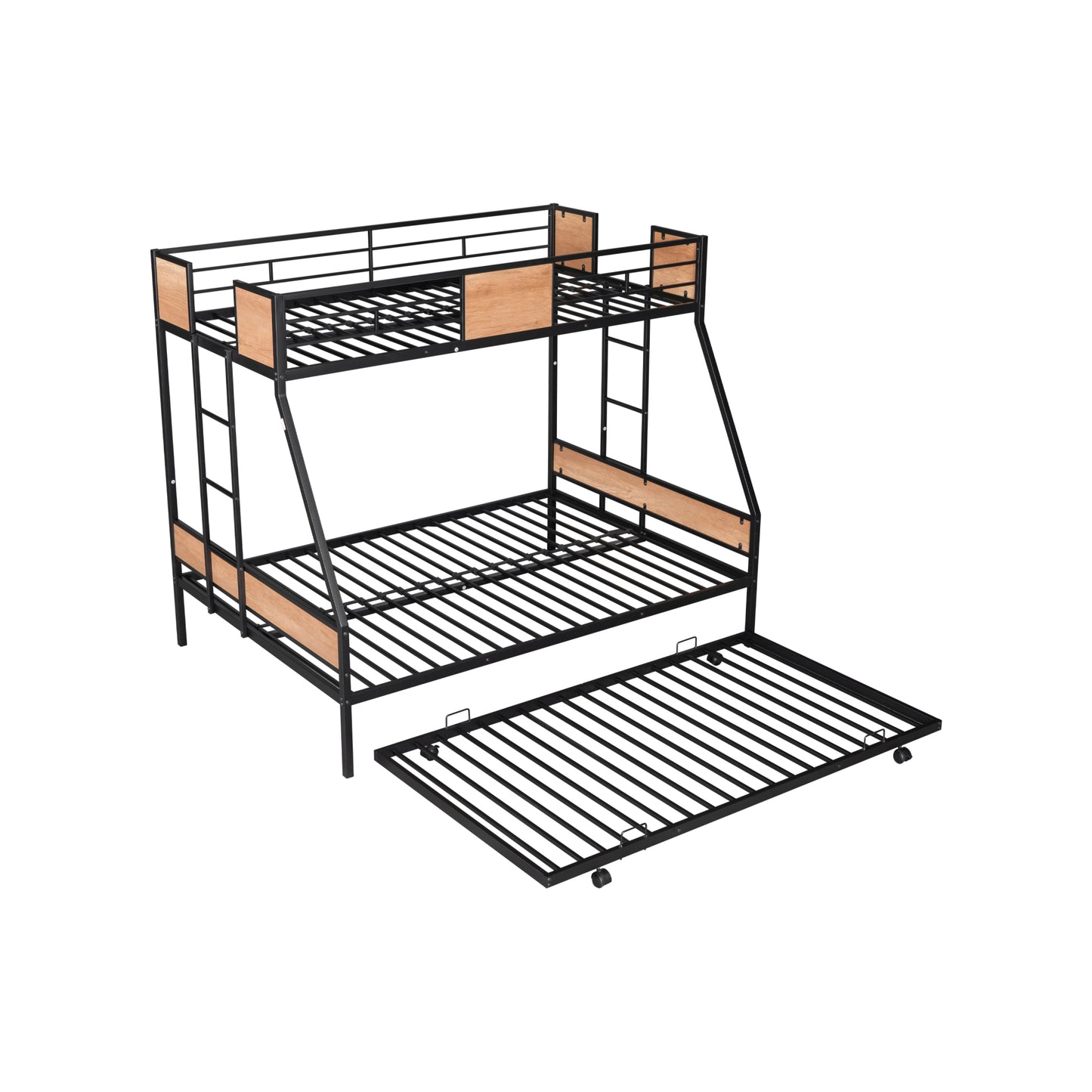 Sturdy Twin Over Full Bunk Bed with Trundle and Guardrail Space-Saving Design for Three with Wooden Accents